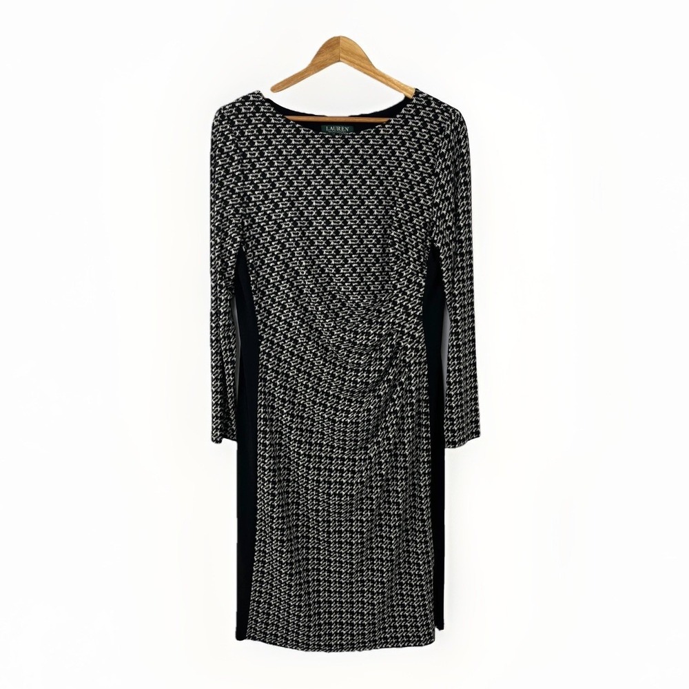 Lauren Ralph Lauren Jersey Sheath Dress Sz 16 Ruched Houndstooth Slimming